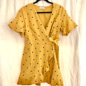 Lush Mustard Yellow Polka Dot Wrap Dress S…